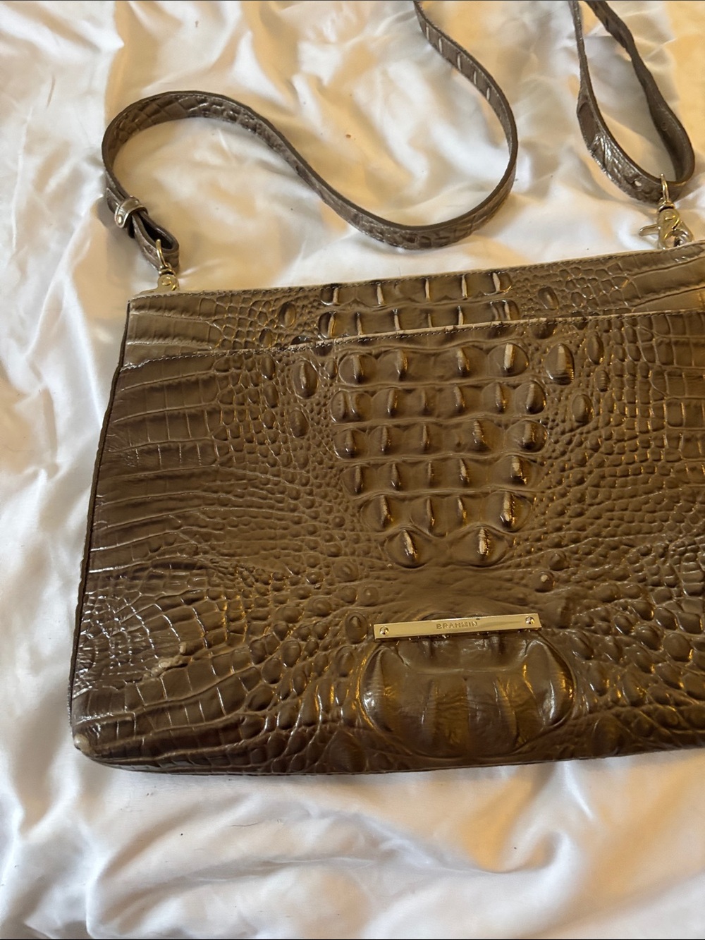 Brahmin metallic Taupe Croc-Embossed Leather Crossbody Bag